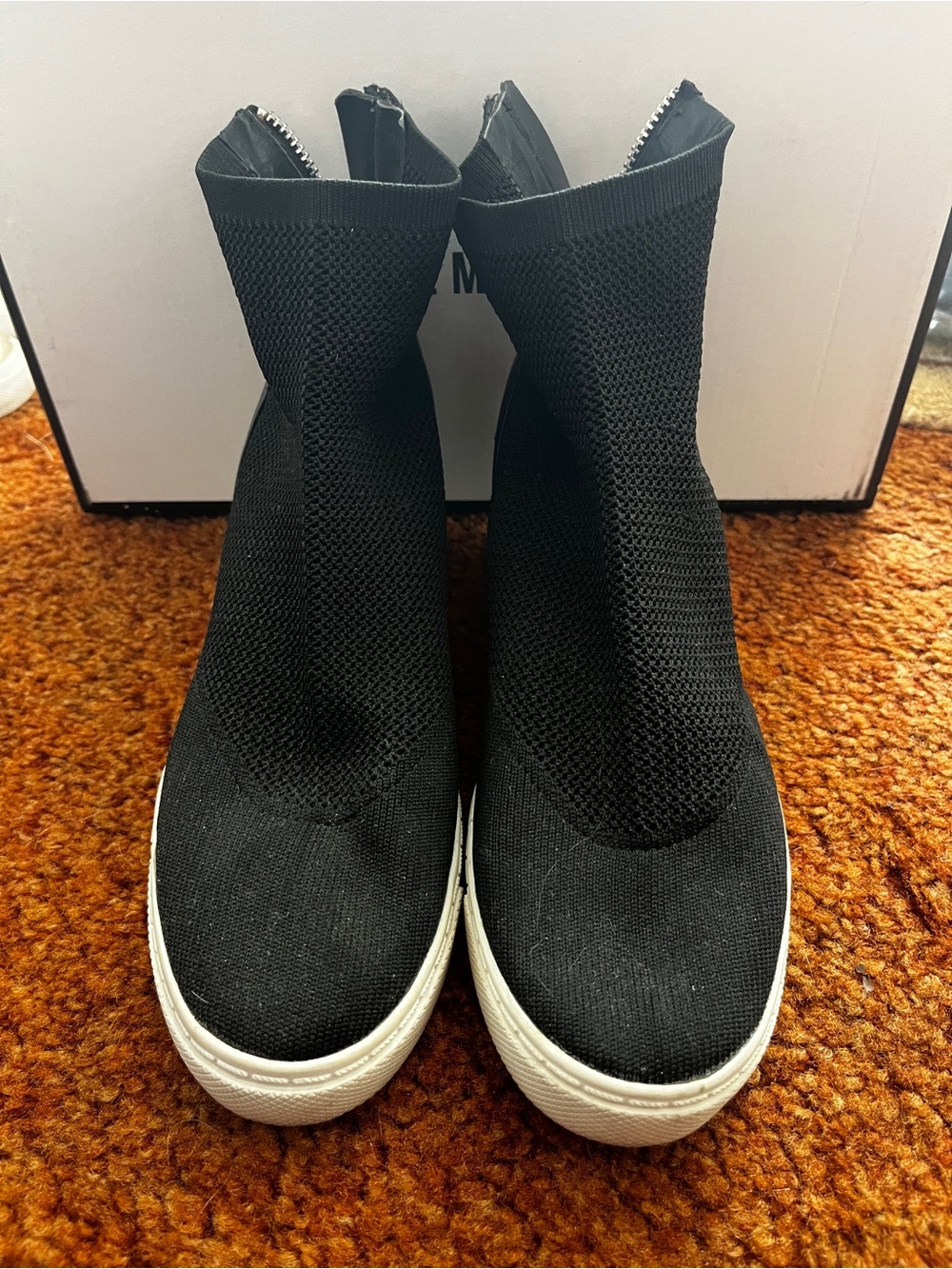 Steve Madden Black Knit Sock Sneakers with White Sole with insole heel